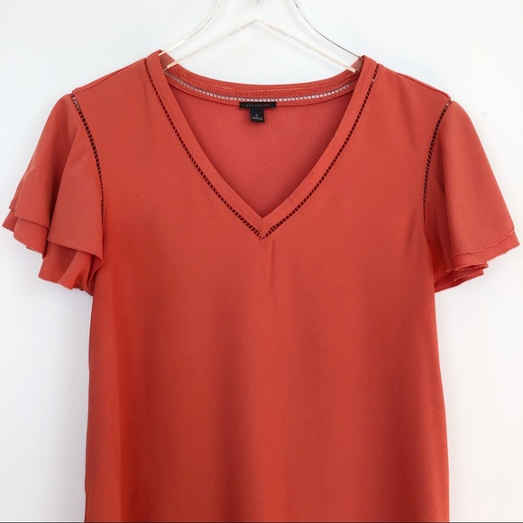 Ann Taylor Red/Orange Eyelet Ruffle Sleeve Blouse - Picture 2 of 6